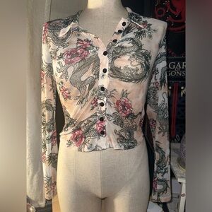 Mesh dragon button up crop top